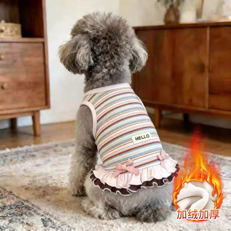 Dog clothes Autumn and winter rainbow striped dress Bigbear cat teddy Pomeranian small dog velvet pet vest