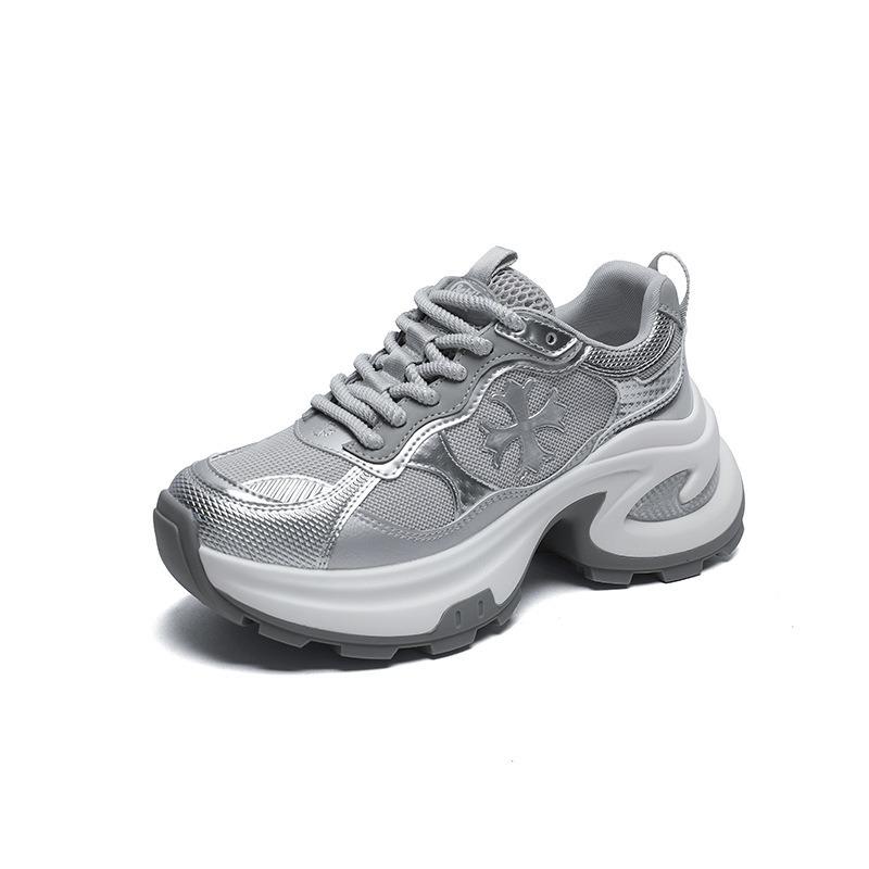 

Кроссовки-папы с крестообразным узором, женские весенние, из кожи и сетки, удобные, дышащие, нескользящие, износостойкие, повседневные спортивные туфли 40 серебряный