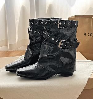 Short Boots Women's Boots Pants Tube Short Cowboy Boots Thick Heel Inner Height Increasing Knight Boots Vintage Ladme Pointed Belt Buckle