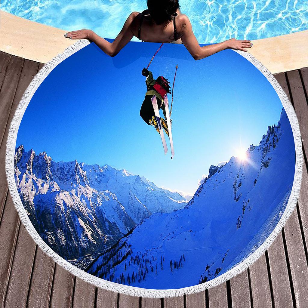 Ski Round Beach Towel, Extreme Sports Theme Beach Blanket Comfortable Absorbent Quick Dry Snow Mountain Print Towel Picnic Mat