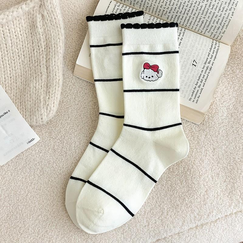 Socks Medium Tube Socks Season Cotton Embroidery Puppy Cute Cartoon Lace Bubble Mouth Striped Stacking Socks Women