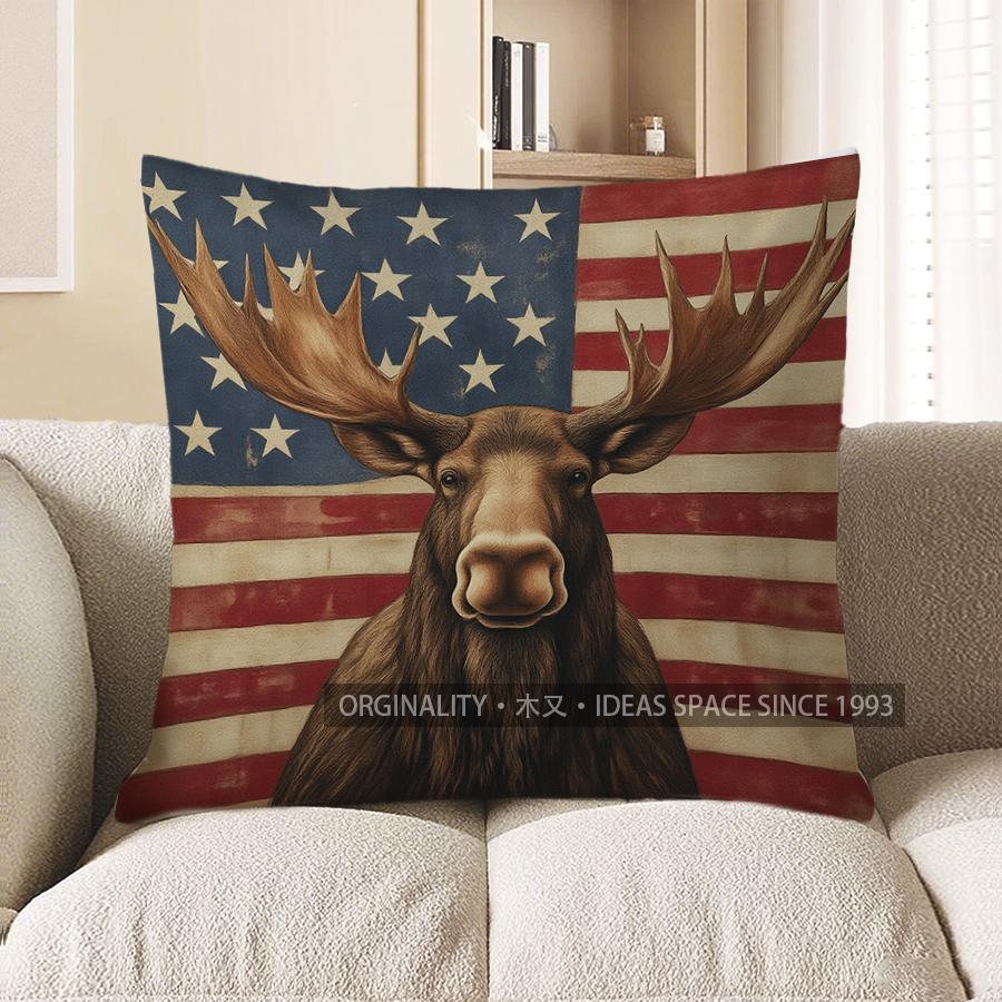 Home Decor American Flag Moose Pattern Throw Pillow Pattern Cushion Cover Suitable for Sofa Bedroom Car Pillow Cover
