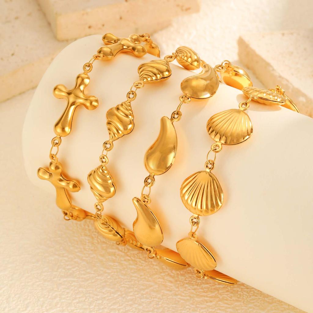 Trendy Conch Shell Cross Water Drop Bracelet for Women,Gold Plated Stainless Steel Chain Bracelets,Beach Holiday Jewelry Gifts