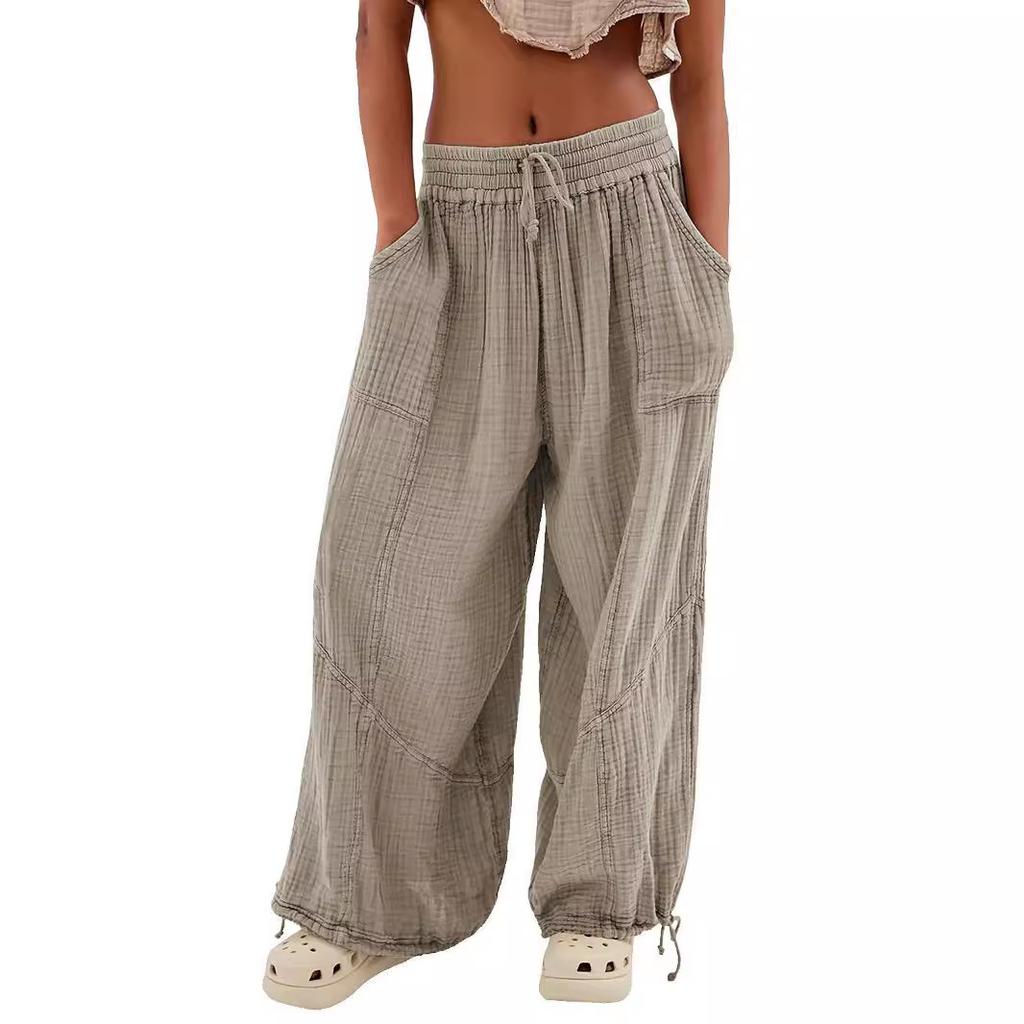 Women Harem Pants Summer Casual Vintage Cotton Linen Pants Elastic Waist Wide Leg Fashion Loose Pockets Female Trousers