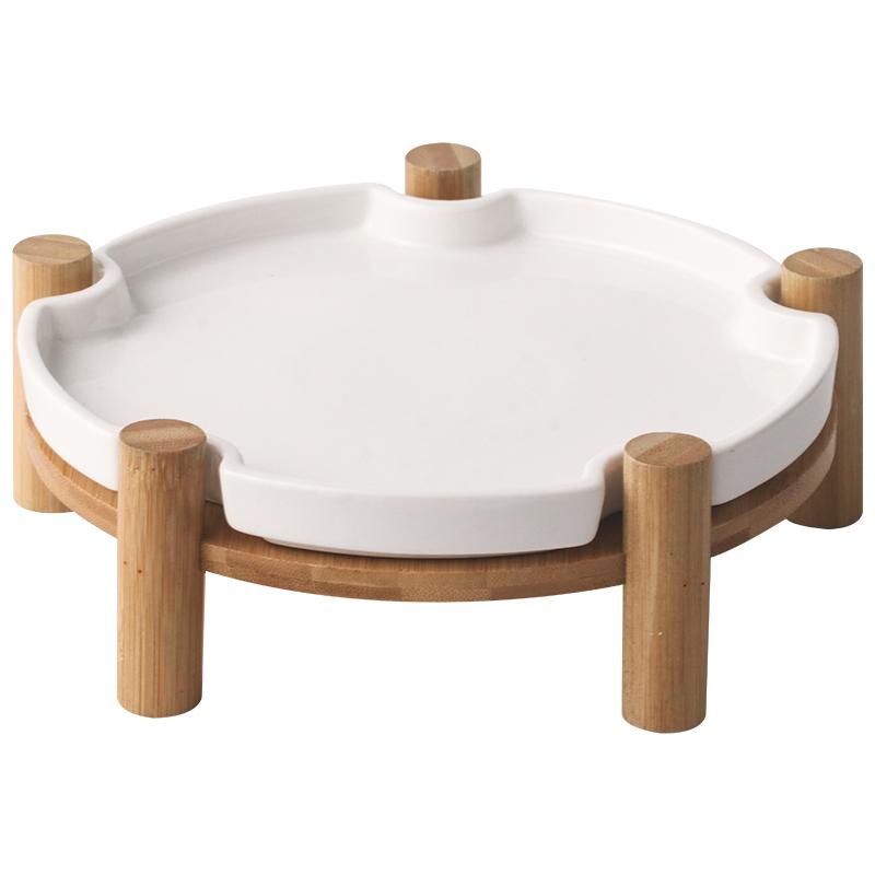 Nordic Creative Steak Plate Ceramic Dessert Cake Display Plate with Wooden Frame Family Party Barbecue Plate Kitchen Tableware