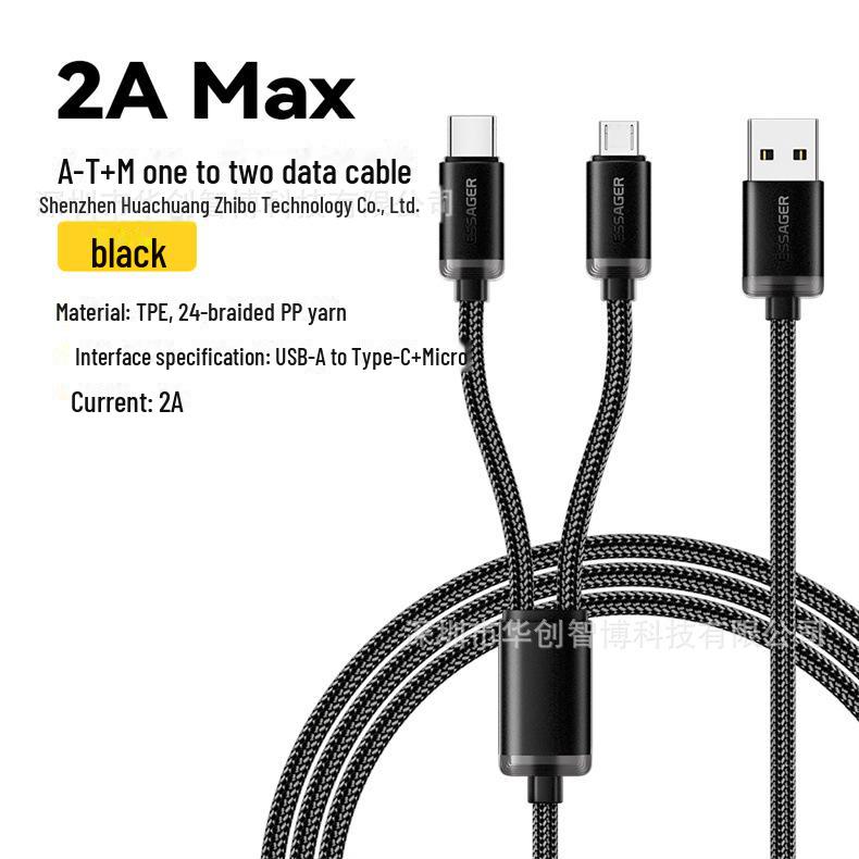 

ESSAGER Серия Quartz Двухголовочный (USB-A к Micro USB) Кабель для быстрой зарядки для Android, 3А 1.2m чёрный