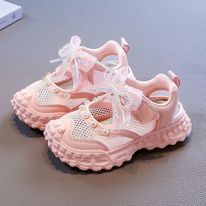 Kids Mesh Breathable Pearl Bow Mary Jane Shoes Thick Sole Soft Casual Walking Sneakers For Girls