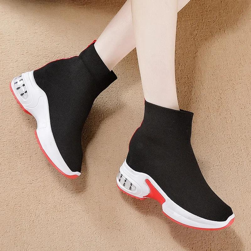Women's Elastic High-Top Thick-Soled Round Toe Platform Sneakers with Height-Increasing Socks 2024