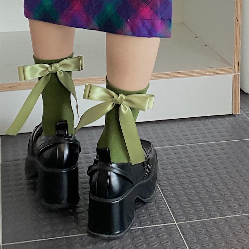 Harajuku Sweet Bowknot Kawaii Socks Women Spring Summer Y2k JK Lolita Cute Solid Socks Japanese Style Women Girls Middle Tube Preppy Socks