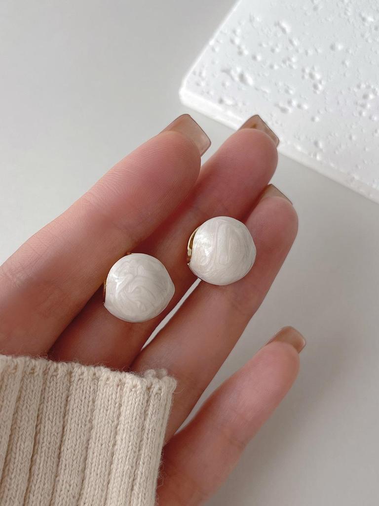 3D White Enamel Ball Earrings: Korean Style, High-End Feel, Niche Design for Women.