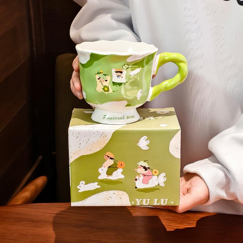 

Зеленая и милая кружка для пары, керамическая чашка для питья воды и с высоким внешним видом. Новая чашка для кофе с молоком для мужчин 420ML
