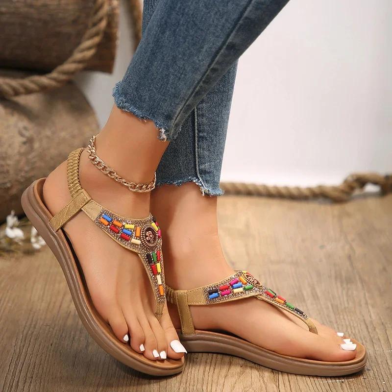 Fashion 2025 Mix Color Bohemian Sandals Women Fashion Clip Toe Non-Slip Rome Sandals Female Summer Crystal Flat Heel Sandalias Mujer