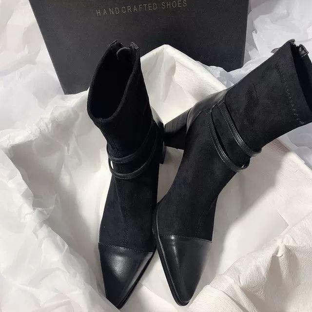 Exquisite Chunky Heel Pointed Toe Patchwork Ankle Boots - Plus Size, Mid Heel, Versatile, and Stylish Women's Elastic Skinny Boots