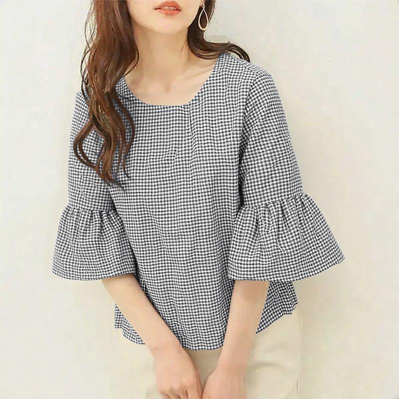 

ZANZEA Женская летняя блузка с круглым вырезом и рукавом 3/4 в клетку S