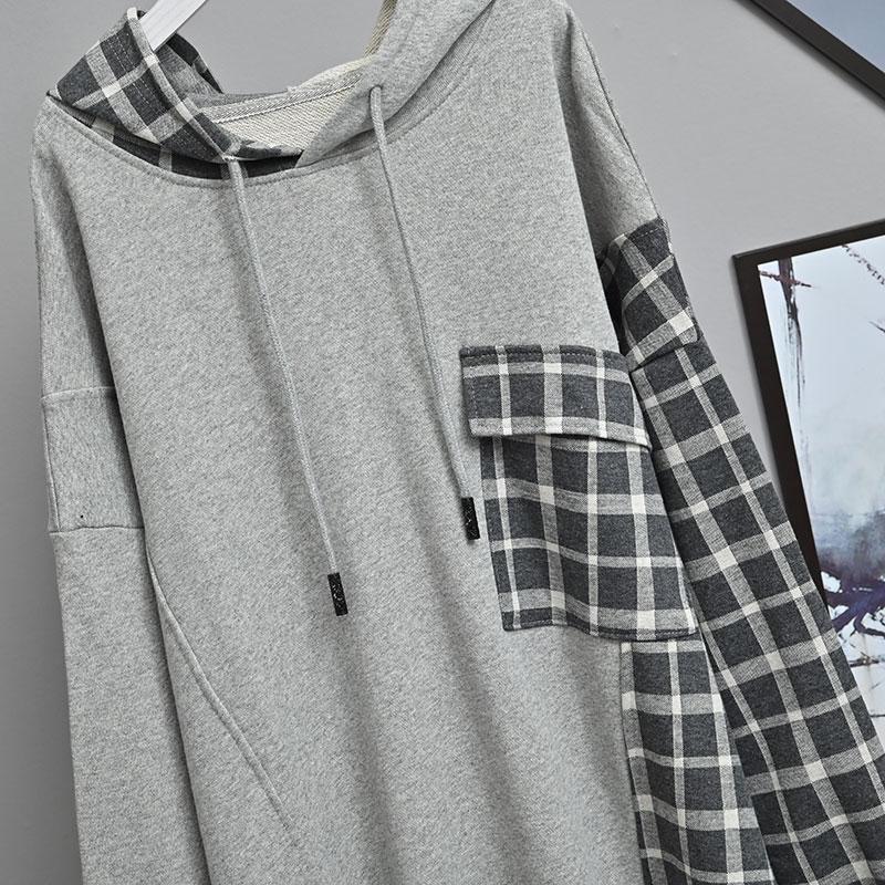 Plus Size Women's Hooded Sweater 2025 Autumn New Korean Loose Splicing Plaid Top