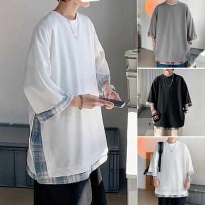 Maglietta estiva da uomo, girocollo, ampia, finta, in due pezzi, di media lunghezza, tinta unita, taglie forti, maniche a tre quarti, streetwear, top da esterno