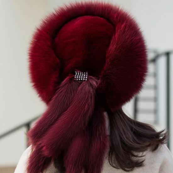 

Лидер продаж, зимние роскошные шапки из натурального лисьего меха для русских женщин, толстая теплая шапка, женская шапка из натурального пушистого лисьего меха с хвостом Adjustable винный