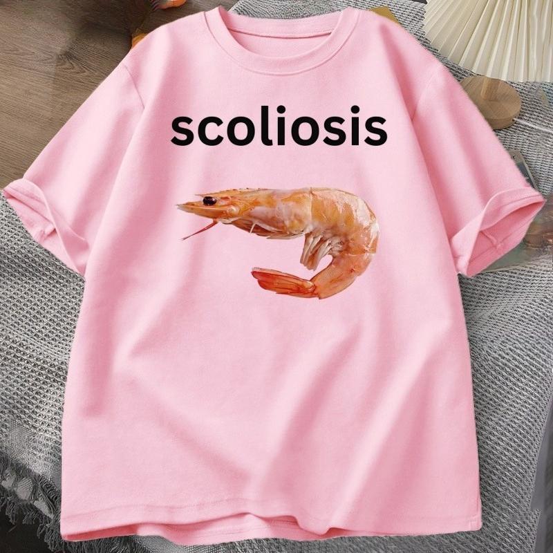 Shrimp with Scoliosis Graphic T Shirts Funny Curved Shrimp Meme T Shirt Seafood Humor Tee Cotton Short Sleeve Round Neck Tops