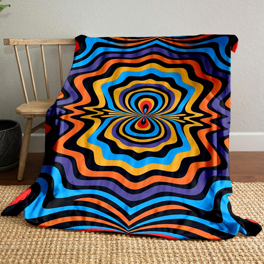 Wavy, colorful concentric ripples radiate symmetrically against a black base. for all seasons blanket lunch break throw gift