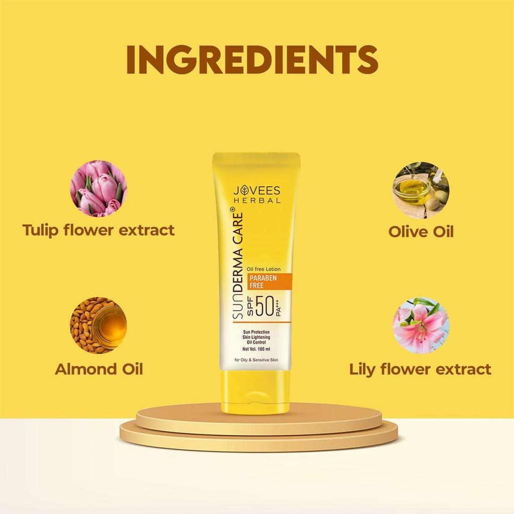 Jovees Herbal Sun Derma Care Lotion SPF 50 PA+++ Oil Free Lightweight Sunscreen For Oily Sensitive Skin With UVA UVB Broad Spectrum Protection 100ml