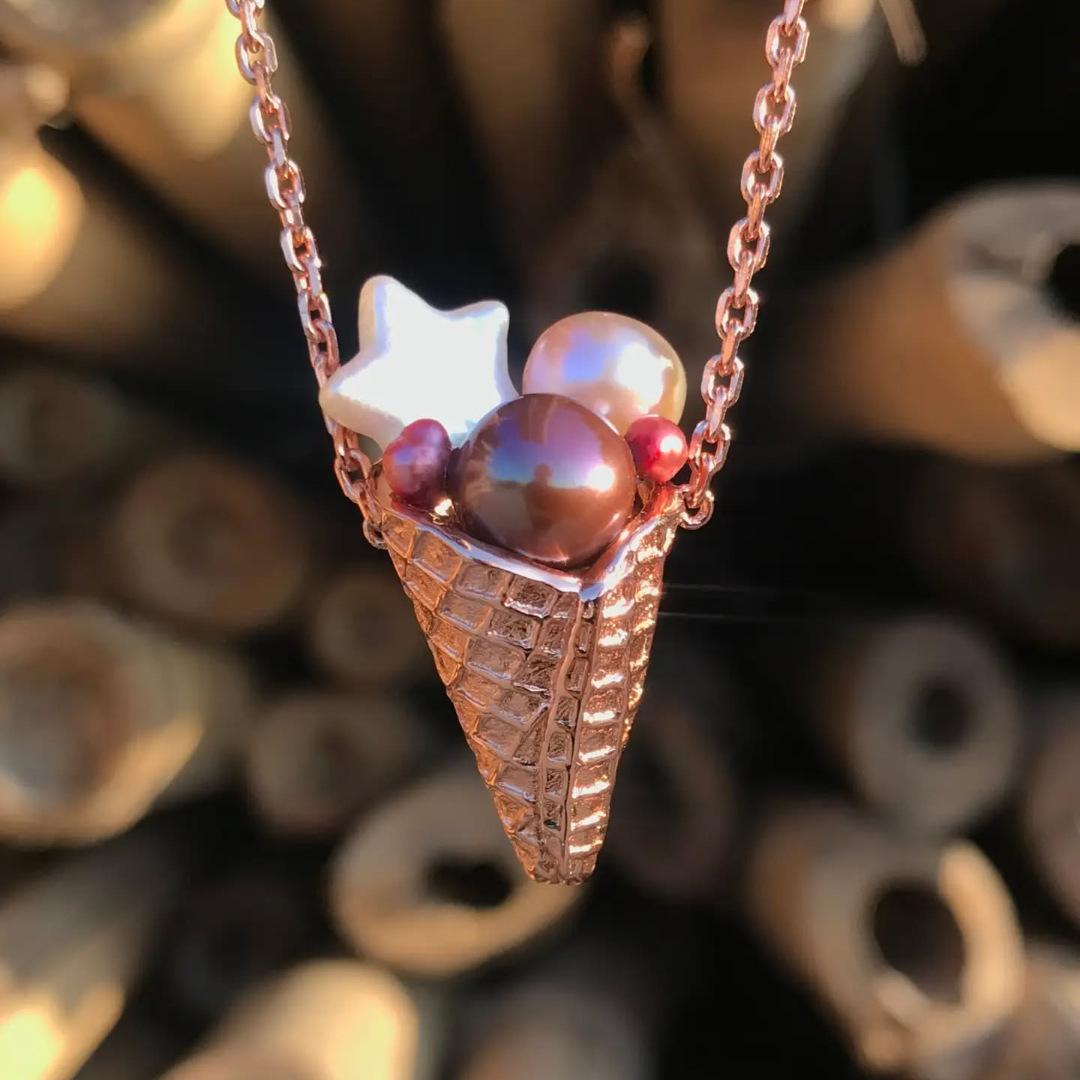 

Sweet Cool Ice Cream Necklace Exquisite Dessert Beaded Design Imitation Pearl Collarbone Chain Jewelry Copper