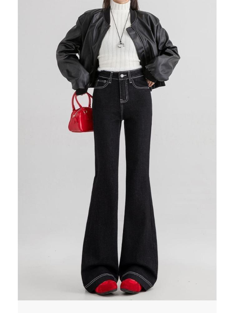 Pockets Embroidered Micro-Flare Denim Trousers Women Autumn Black Big Yardage High-Waisted Skinny Horse Horse Horseshoe Trousers Long Denim Pants