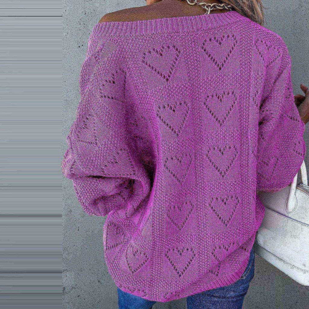 Damen Pullover mit herzförmigem, hohlem V-Ausschnitt und langen Ärmeln, Pulloverbluse, Strickpullover