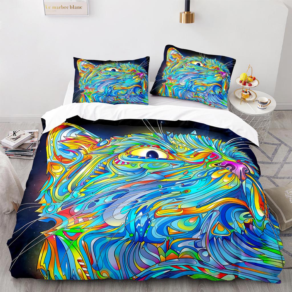 Cat Duvet Cover Set King Size Cute Cats Pattern Bedding Set Decorative Animal Polyester Comforter Cover with Pillowcases for Kid