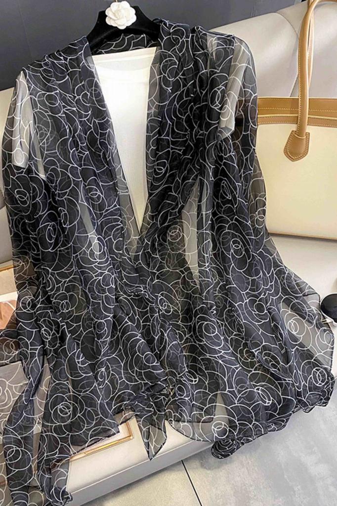 Black Scarf with White Floral Outline - Elegance and Lightness