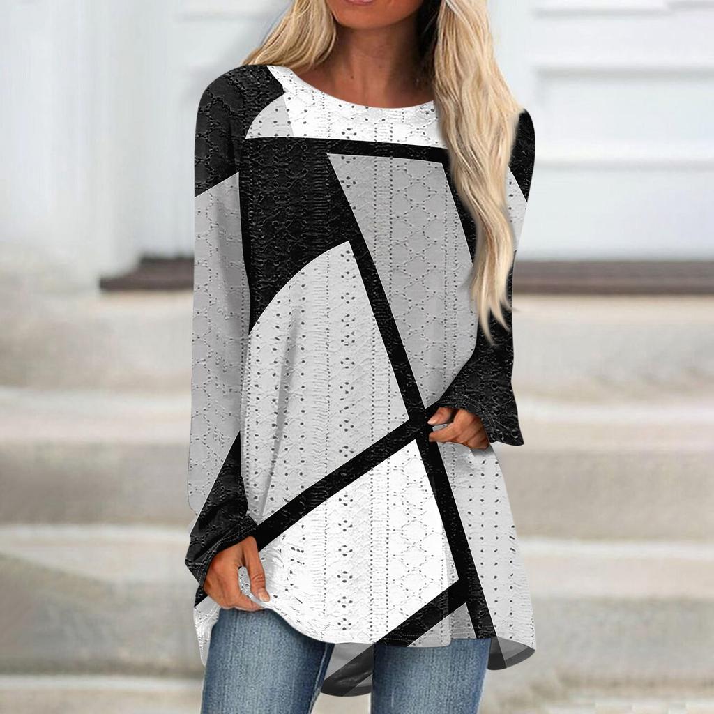 Womens Tops Round Neck Long Sleeve Blouses Casual Mid-length Shirts Fashion Print Tunic Tops