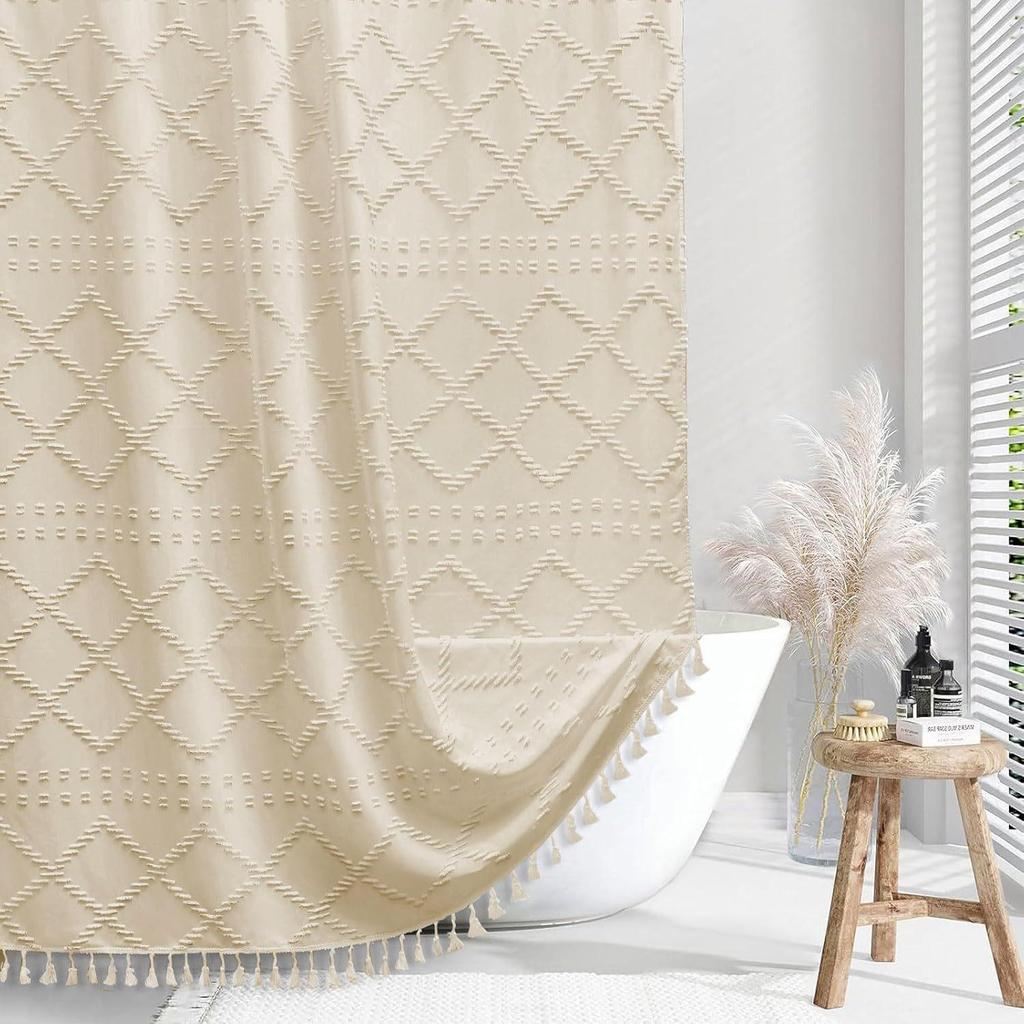 Waterproof Tassel Lace Shower Curtain with Floral Design