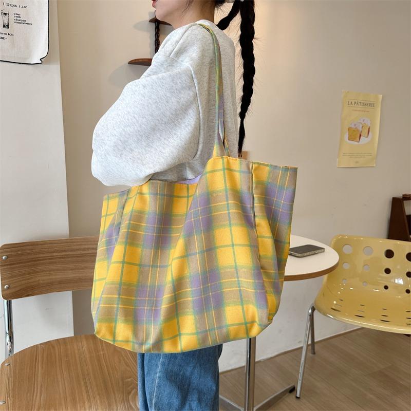 New Plaid Double-sided Dual-purpose Shoulder Bag Women's Fashion Simple Large-capacity Work Canvas Bag