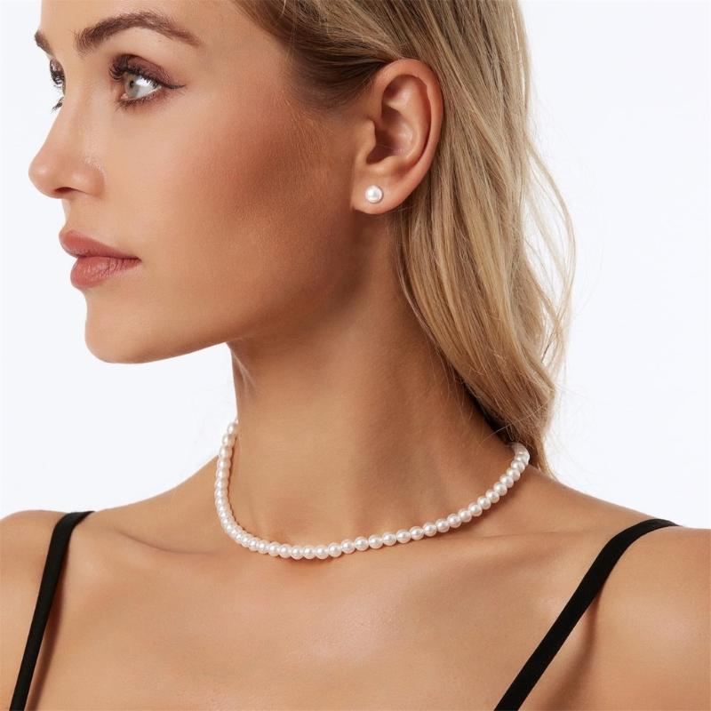 Chic Double Strand Choker Set Imitation Pearls Accents Alloy Clavicle Chain Jewelry For Daily Use