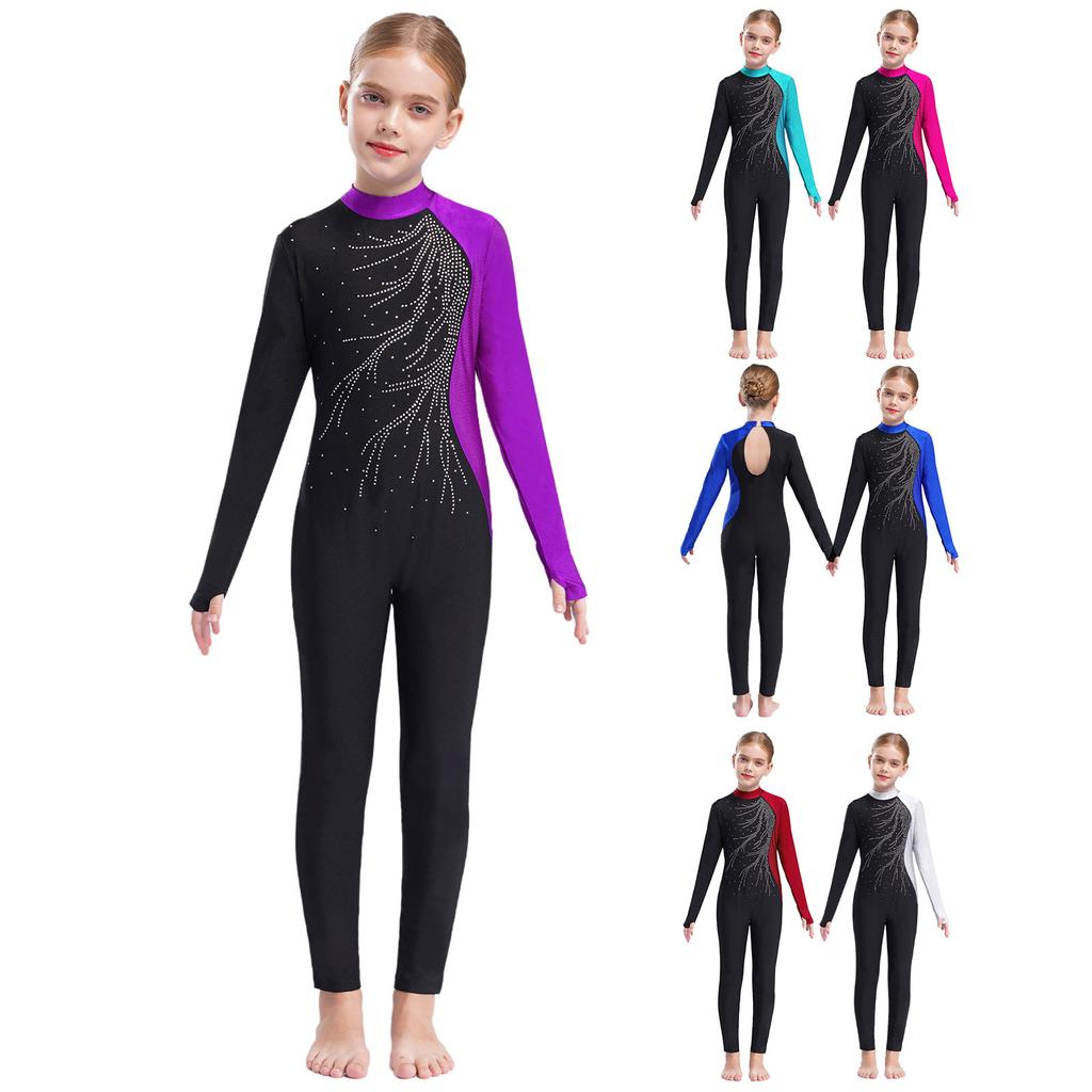 Girls Sparkly Rhinestone Jumpsuit Long Sleeve Round Collar Hollow Back Patchwork Style Dance Performance Outfit