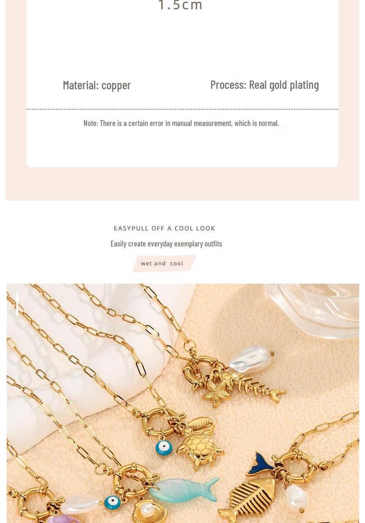 18K Gold Ocean-Style Detachable Pendant Necklace: Turtle, Anchor & Fishbone Design