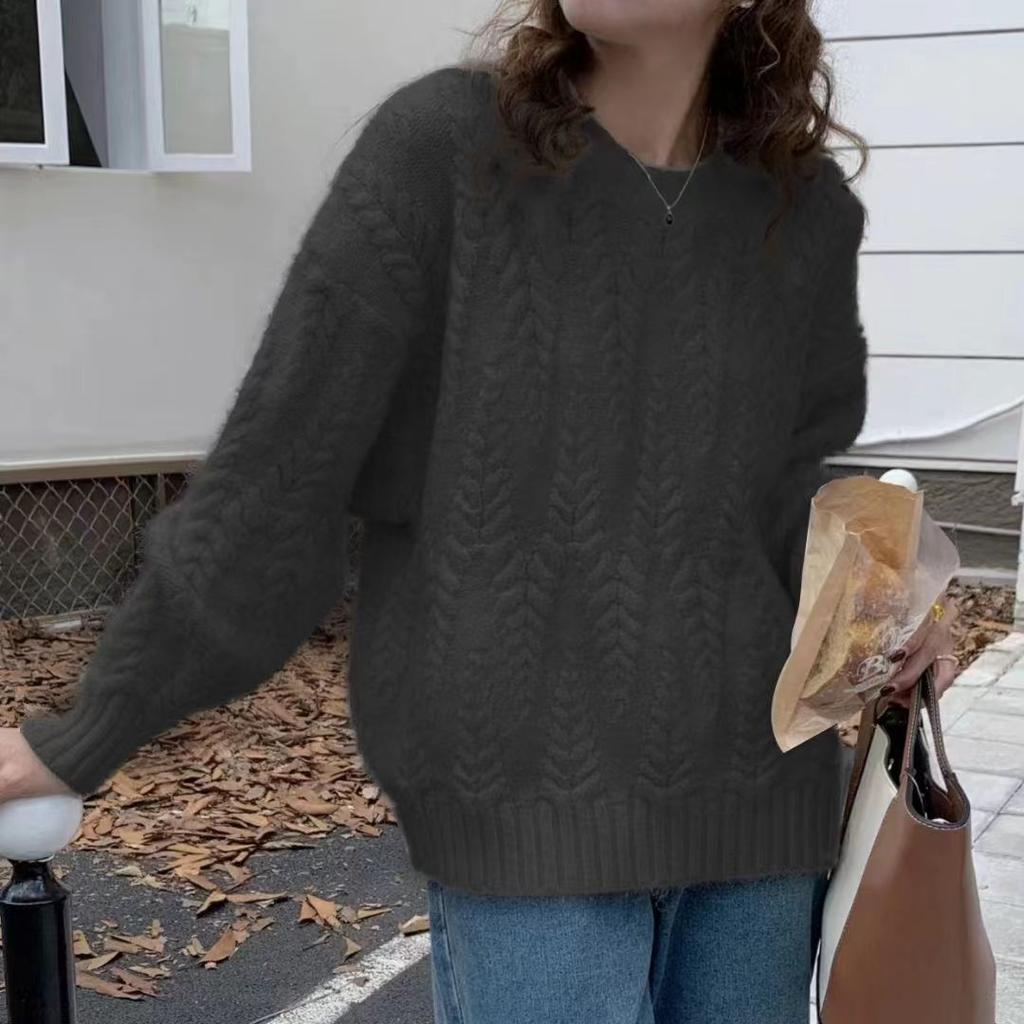 Sweter damski w jednolitym kolorze z warkoczowym splotem, imitującym kłosy pszenicy, jesienno-zimowy, luźny, wierzchni, w stylu lazy, ciepły, dzianinowy top, pogrubiony