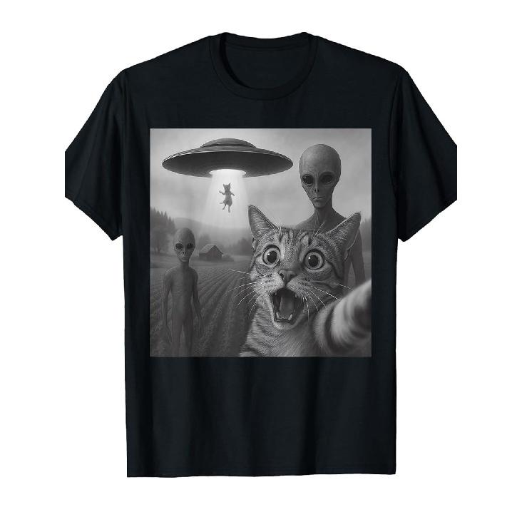 Men S Humorous Alien UFO Abduction & Cat Graphic Tee - Comfortable Loose Fit Casual Shirt Featuring Extraterrestrials, Short Sleeves And Round Neck, S чёрный