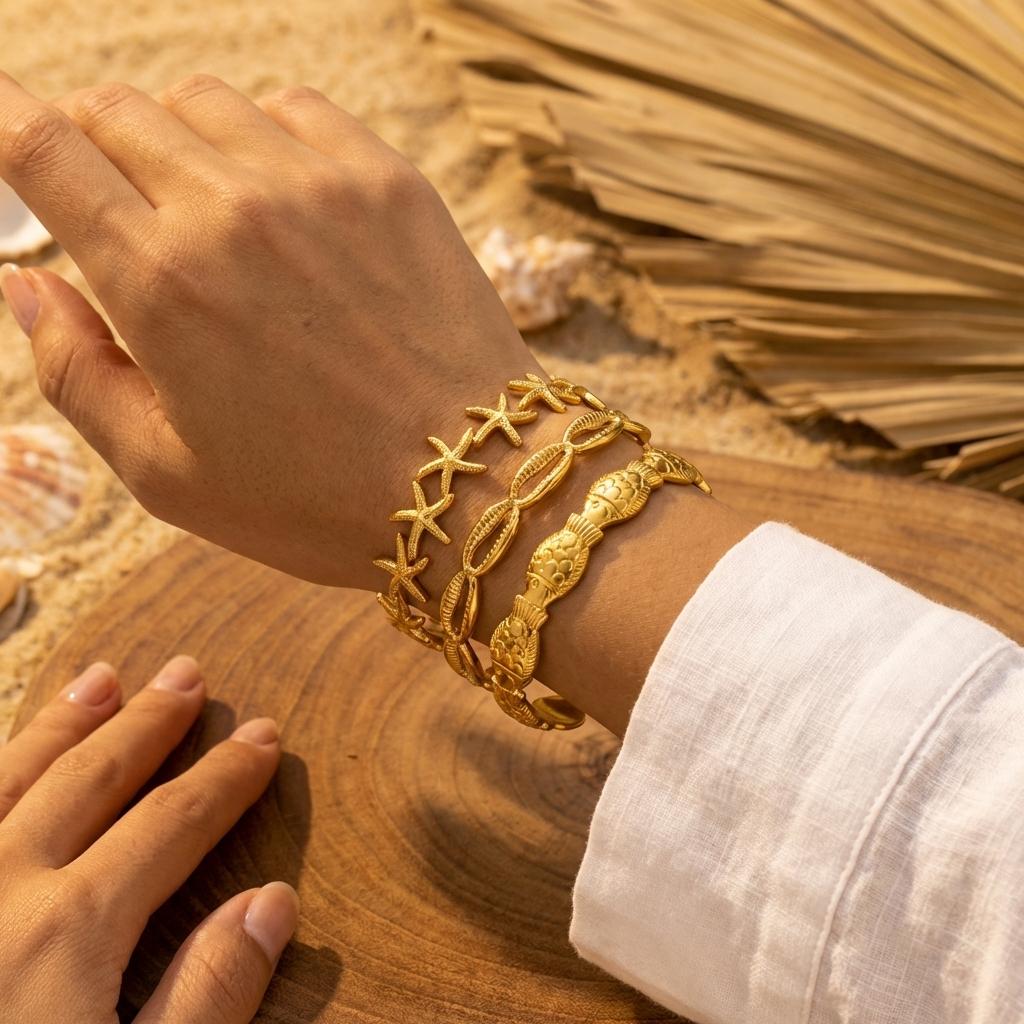 Stainless Steel Shell Starfish Bangles for Women Gold Color Metal Fish Cuff Bangle Bracelet Female Beach Party Aesthetic Jewelry