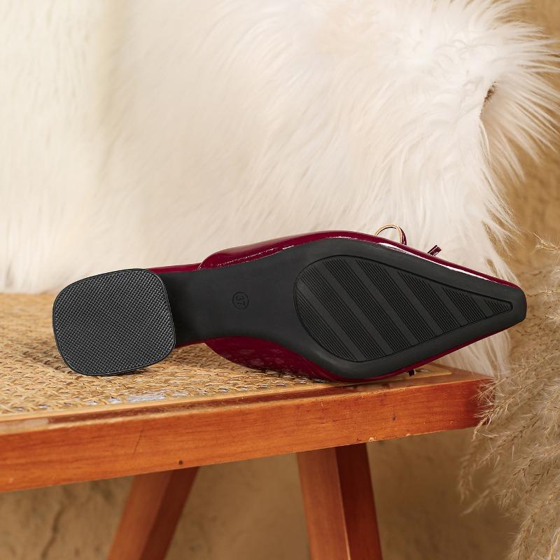 Spring square head burgundy bow high heel cool slippers women's large size microfiber leather single shoes fine high heel