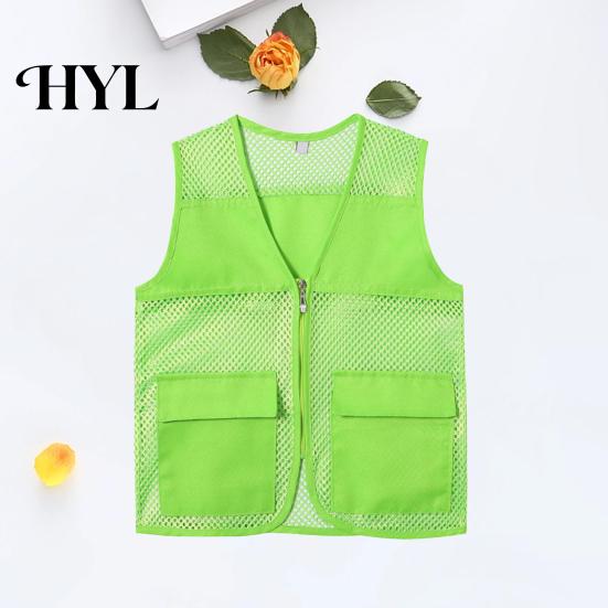 Vest Coat Hollow Out Zipper Placket Double Pockets V-neck Work Volunteer Bright Color Loose Fit Unisex Waistcoat