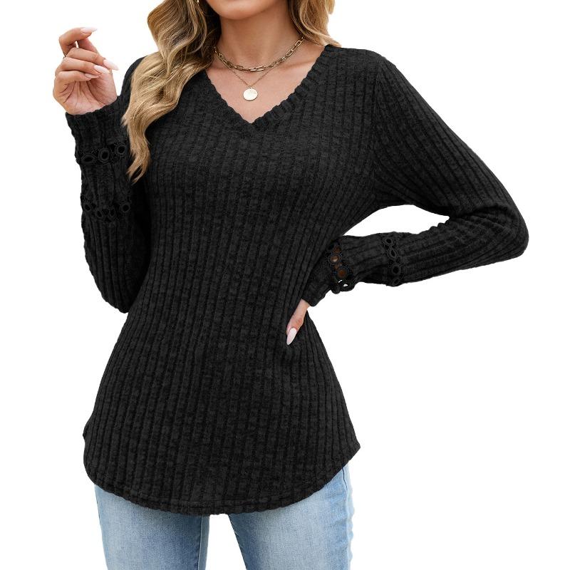 Solid Color V Neck Lace Patchwork Loose Long Sleeve Brushed T Shirt
