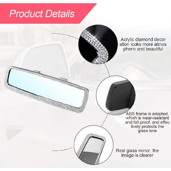Bling Car Rear View Mirror, Rhinestones Crystal Clip-On Rearview Mirror With HD Glass, Compatible With Most Cars, SUVs, Vehicles, Auto Interior