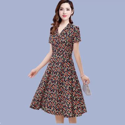Damen Sommer Midilanges Blumenkleid Mittelalterlich Übergröße Temperament Schlanker Rock