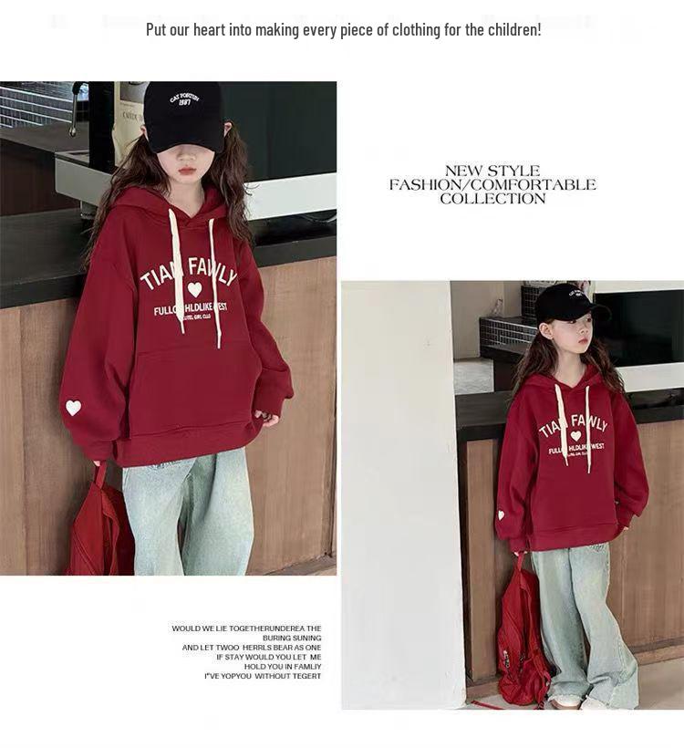 2024 Girl's Fleece-Lined Hooded Sweatshirt: Autumn/Winter Trendy Style