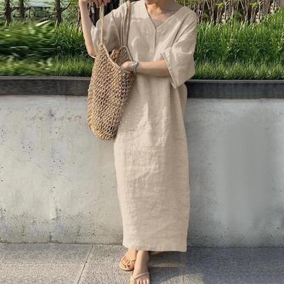 Casual Summer Cotton V Neck Short Sleeve Loose Dress