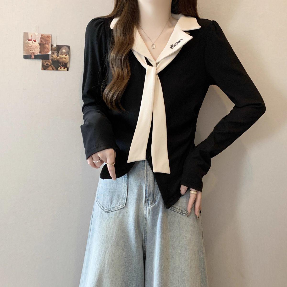 

Plus Size Color Block Lapel Long Sleeve Top for Women - Slimming & Flattering Autumn 2025 Trend 2XL (141-160 jin) чёрный