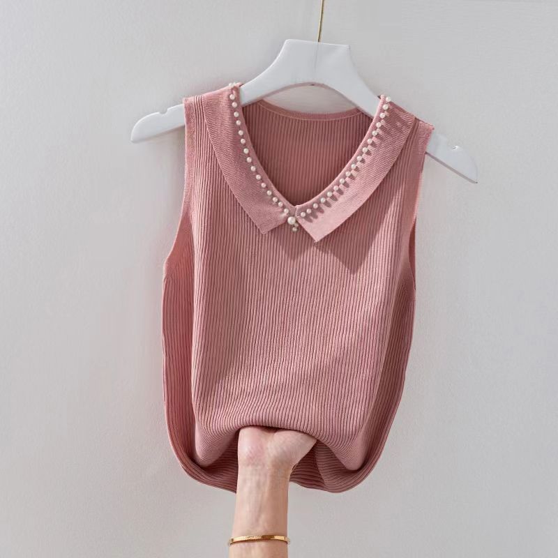 Female Doll Collar Solid Color Sleeveless Top Fashionable Pearl Versatile Camisole