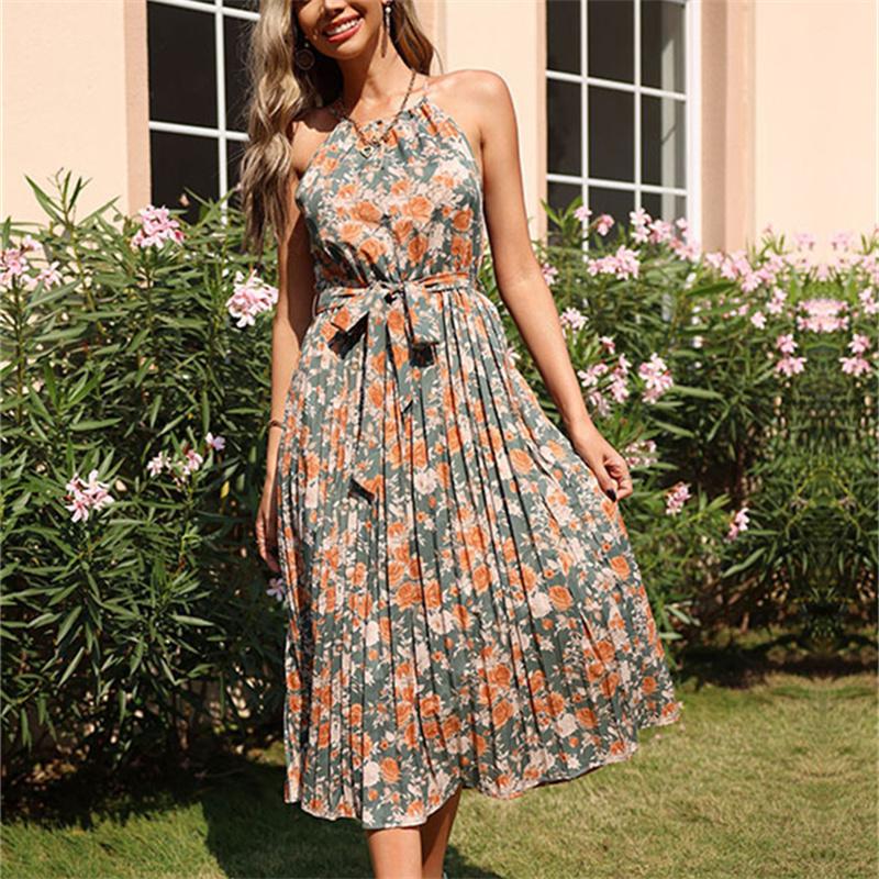 Women Vintage  Off Shoulder Flower Print Spaghetti Strap Dress Hem Slim Waist Slit Irregular Long Dresses Sling Vestido