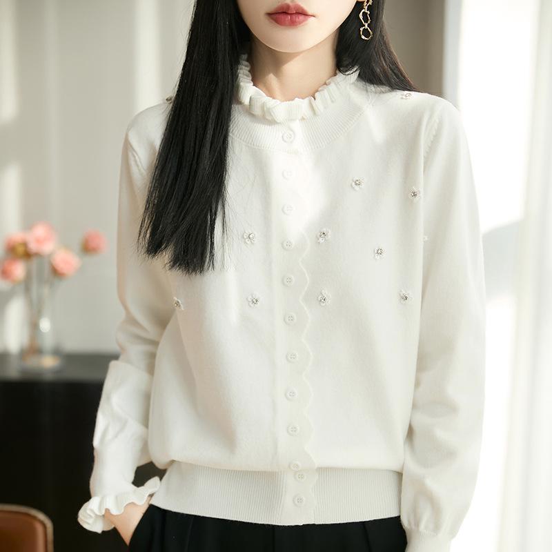 2026 Spring Women's Knitwear: Lace Ruffle Collar Cardigan Sweater, Button-Up Coat, Korean Style