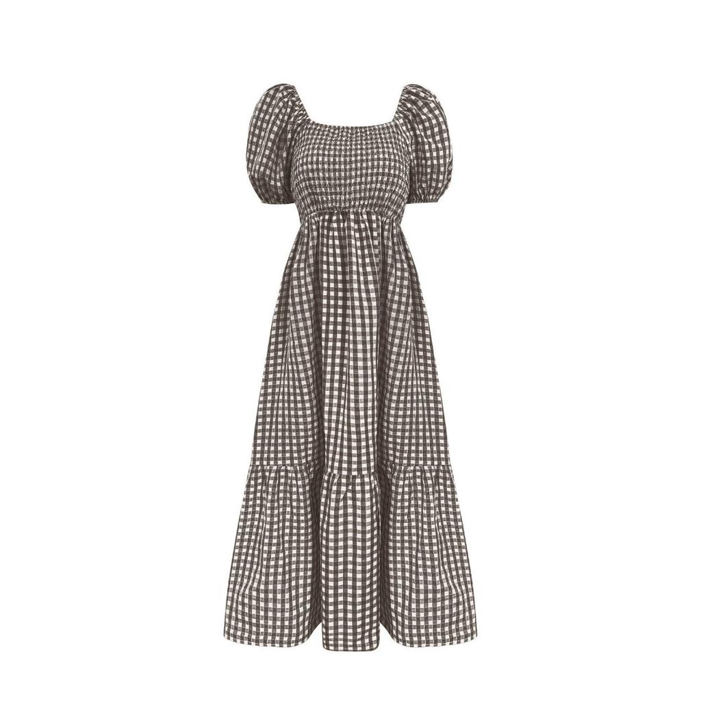 Plus Size  Summer Country Style Gingham V-Neck Puff Sleeve High Waist Tiered Cake Dress Casual Summer Dress